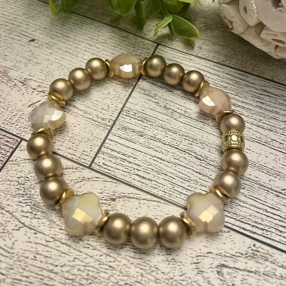 Matte Gold with Champagne Clover Stacking Bracelet, stretch, - Picture 1 of 5